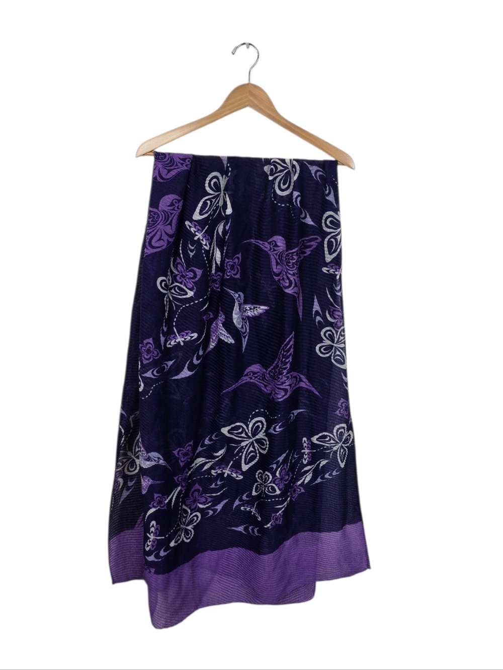 Pleated Hummingbird Floral Lightweight Scarf Wrap Plum White